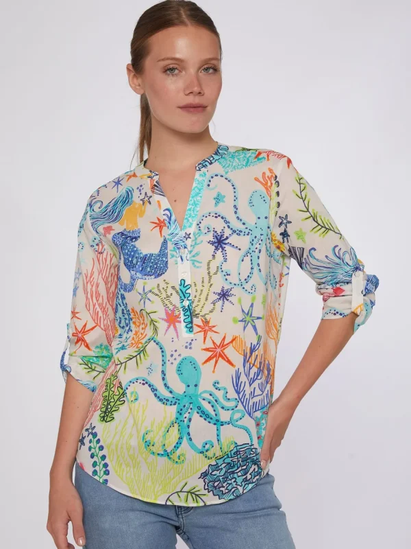 Mujer Vilagallo Camisa Algodon Estampado Sirena