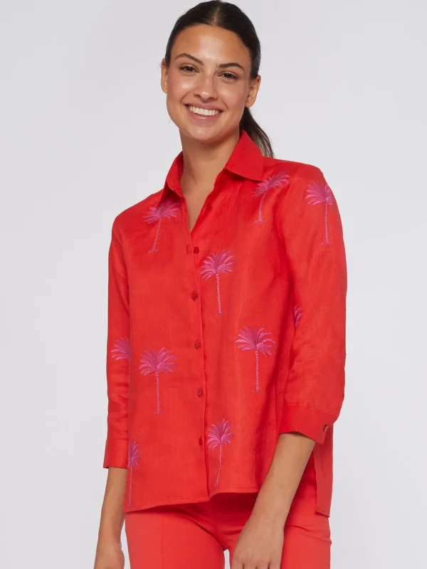 Mujer Vilagallo Camisa Coral 100% Lino Bordado Palmeras