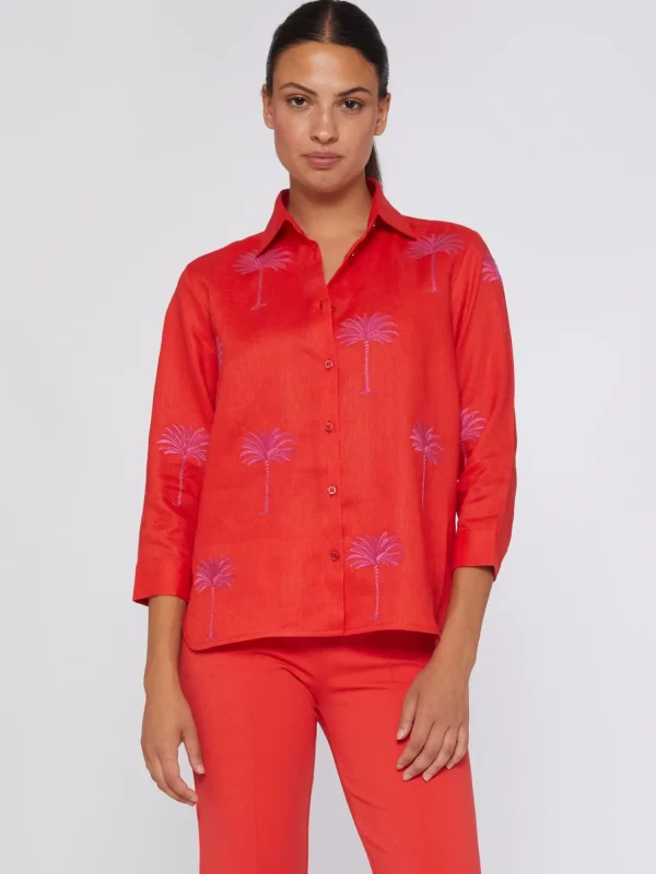 Mujer Vilagallo Camisa Coral 100% Lino Bordado Palmeras