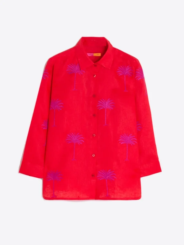 Mujer Vilagallo Camisa Coral 100% Lino Bordado Palmeras