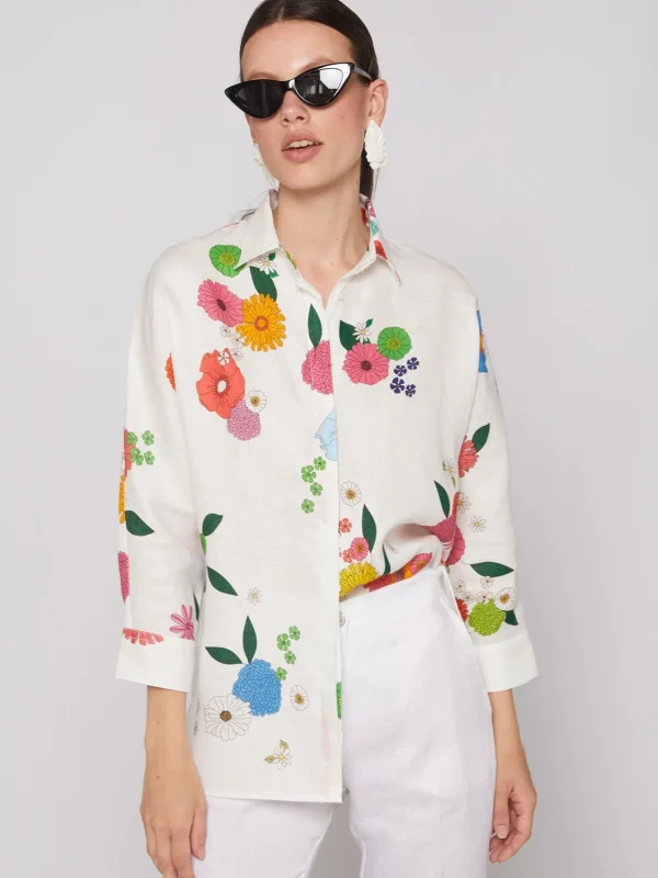 Mujer Vilagallo Camisa Flores 100% Lino