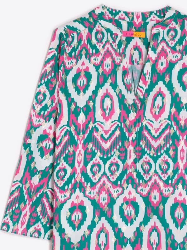 Mujer Vilagallo Camisa Francina Ikat Green Pink Gold