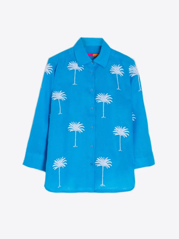 Mujer Vilagallo Camisa Lino Azul Bordada Palmeras