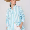 Mujer Vilagallo Camisa Lino Rayas Turquesas