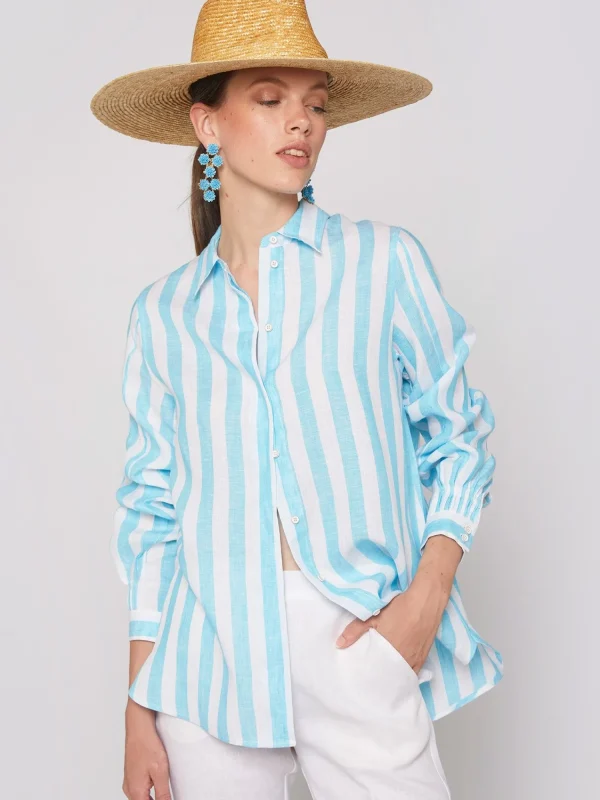 Mujer Vilagallo Camisa Lino Rayas Turquesas