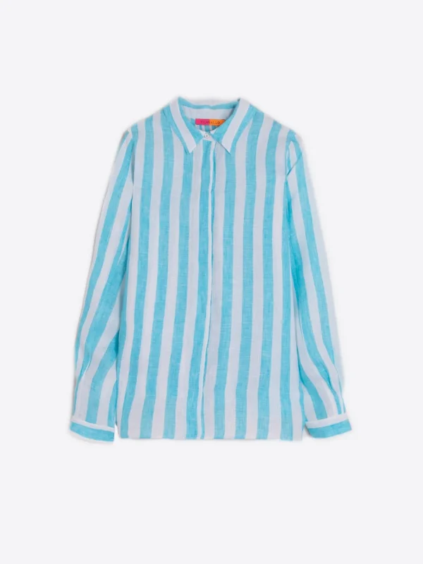 Mujer Vilagallo Camisa Lino Rayas Turquesas
