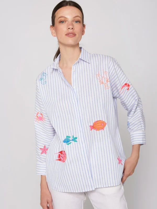 Mujer Vilagallo Camisa Louisa Emb Blue Linen Stripe