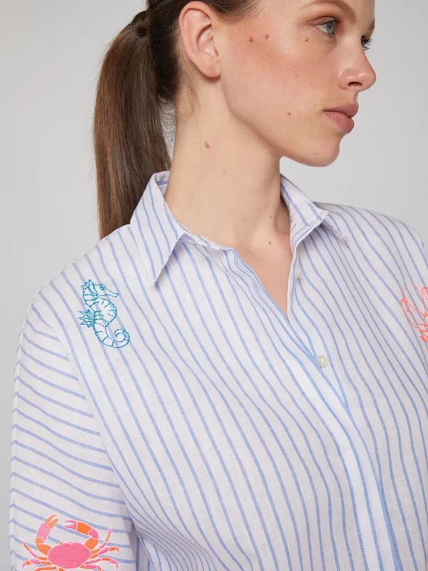 Mujer Vilagallo Camisa Louisa Emb Blue Linen Stripe