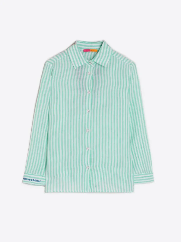 Mujer Vilagallo Camisa Petra Emb Green Linen Stripe