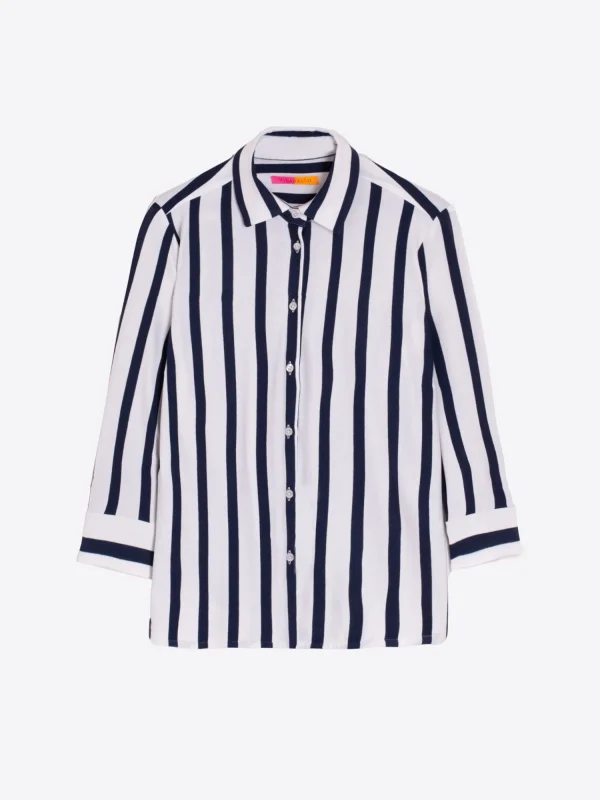 Mujer Vilagallo Camisa Sara Ecru Navy Stripe Knit