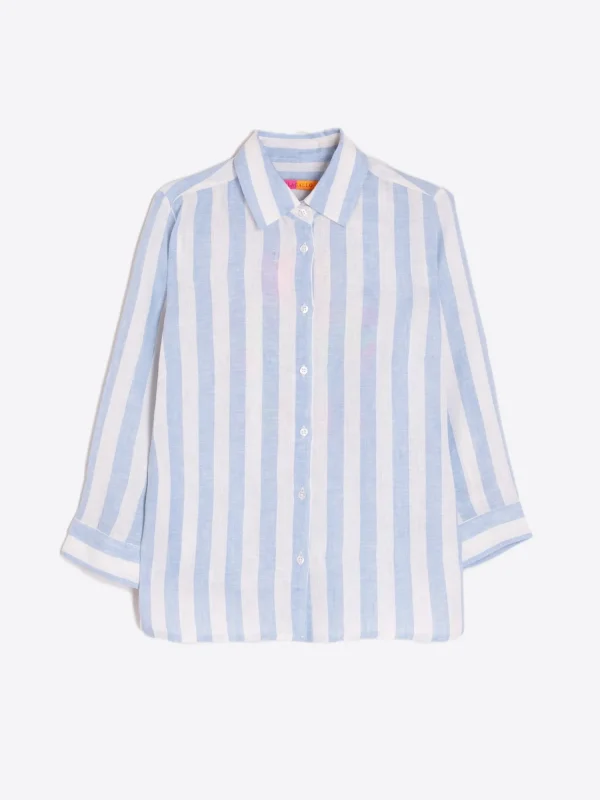 Mujer Vilagallo Camisa Sara Emb Blue Linen Stripe L