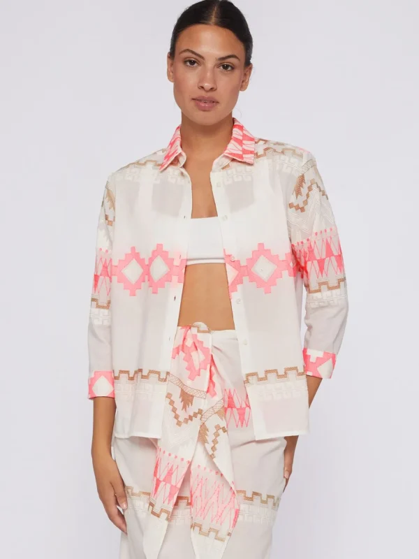 Mujer Vilagallo Camisa Voile Jacquard Rosa Y Camel