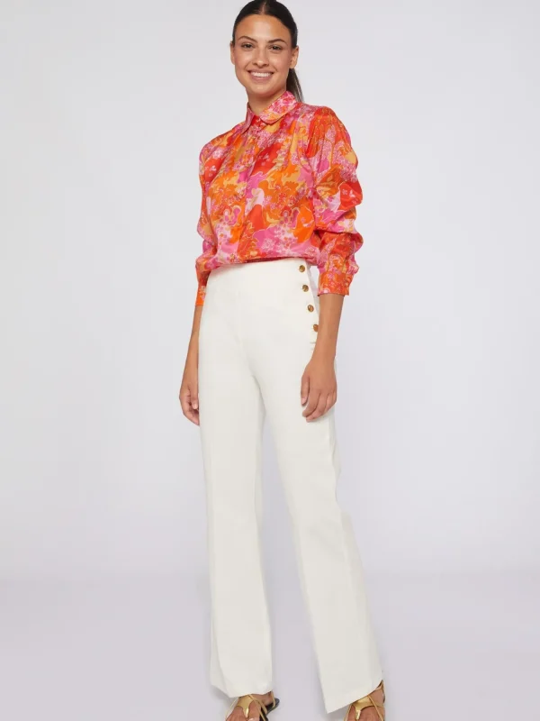 Mujer Vilagallo Pantalon Punto Blanco Botones Laterales Perfect Fit