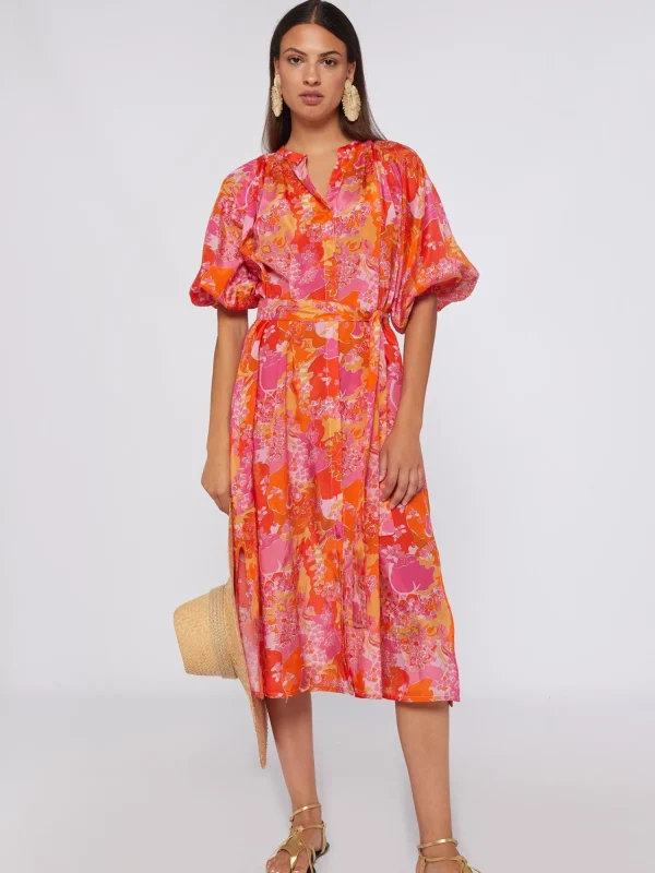 Mujer Vilagallo Vestido Midi Manga Abullonada Estampado Pink Blossom