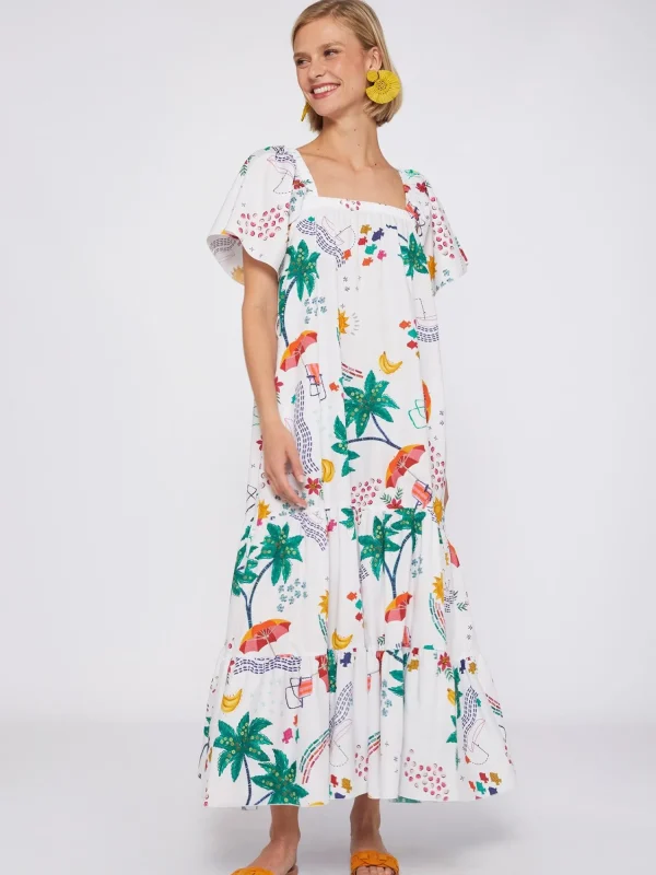 Mujer Vilagallo Vestido Volantes Popelin Estampado Tropical