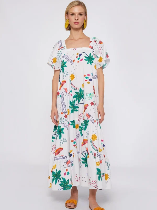 Mujer Vilagallo Vestido Volantes Popelin Estampado Tropical